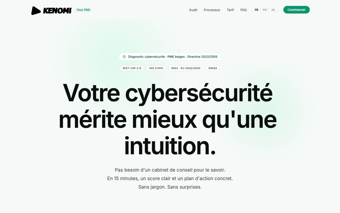 Audit NIS2 — Audit flash de conformité cybersécurité — 990€, 100% automatisé, rapport IA en 2h.